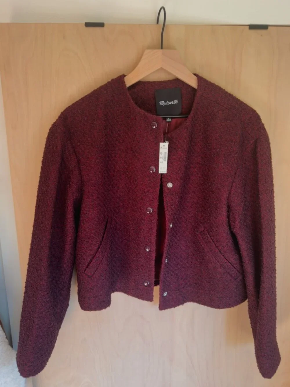 Tweed Collarless Jacket in dark pomegranate